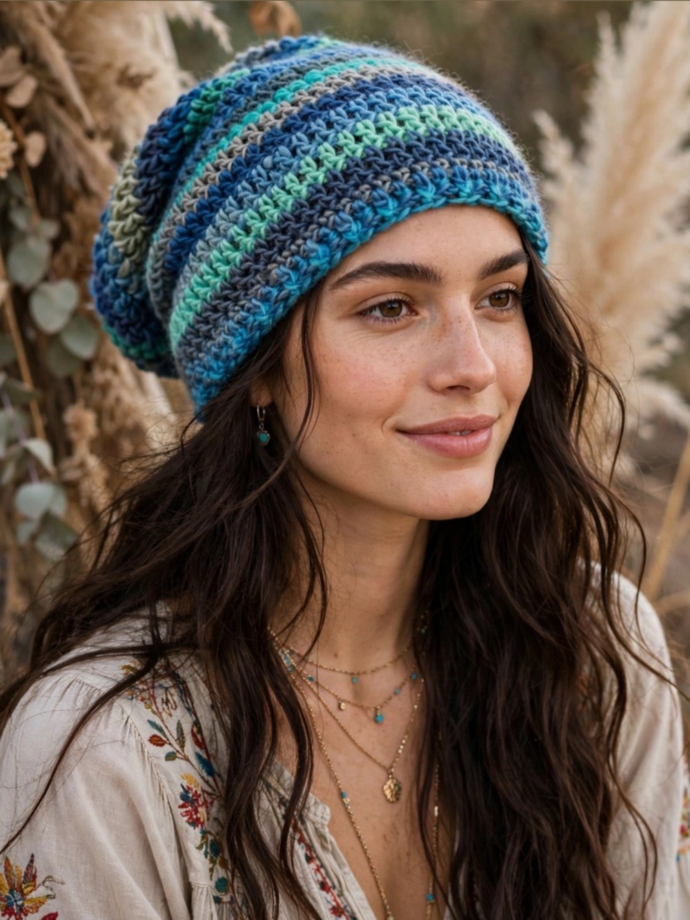 HAND CRAFTED Striped Crochet Slouch Beanie NEW Blue Teal Seafoam Gray
